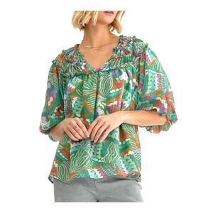 ENTRO Size Large Boho Green Pattern Bubble Sleeve Blouse EUC